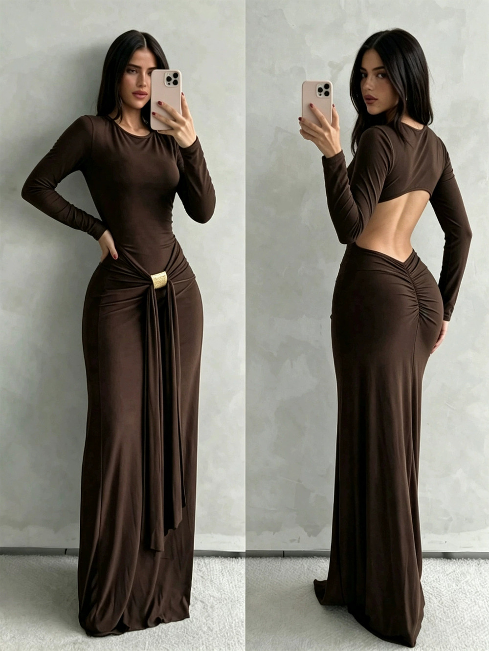ZARA Sexy Long Sleeve Backless Maxi Dress with Metal Buckle Tie Pleated Bodycon